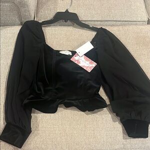 Black and White Long Sleeve Fitted Crop Blouse